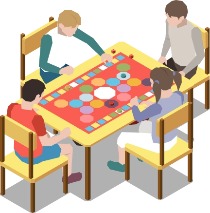 vier mensen zitten rond een tafel en spelen een kleurrijk bordspel